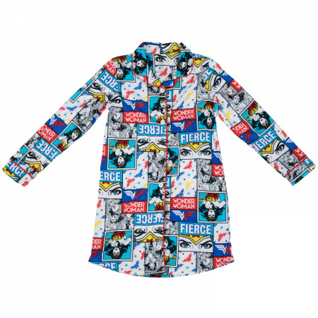 DC Comics Wonder Woman Comic Panel Print Girls Button-Up Pajama Shirt